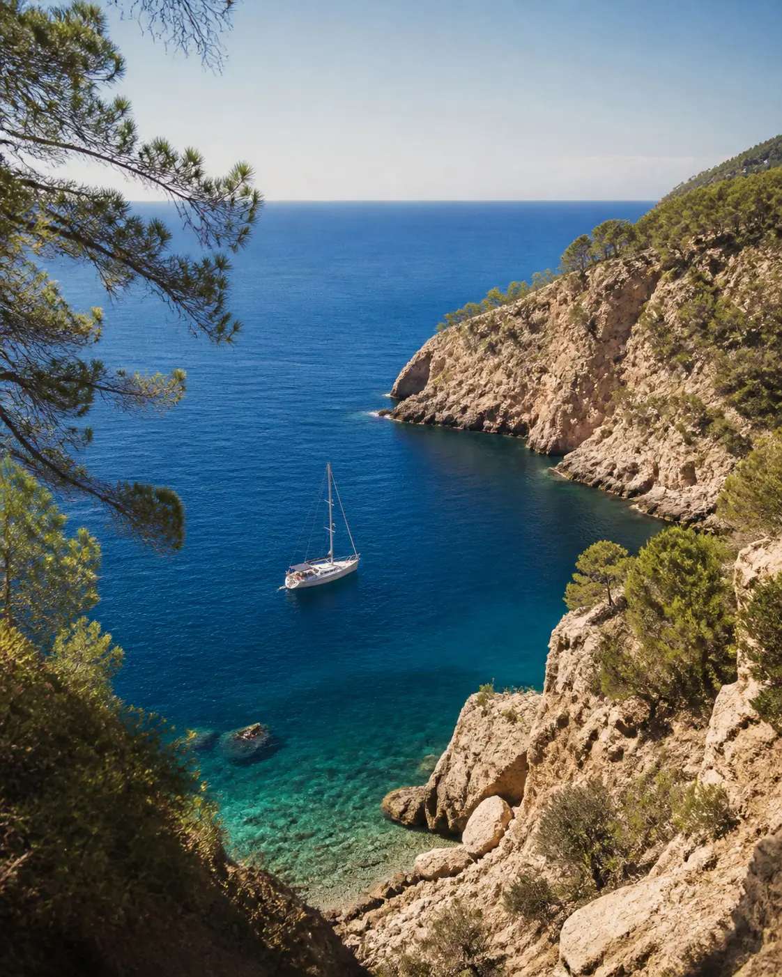 Velero privado en una cala mediterránea de agua azul